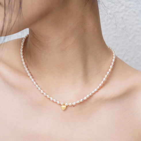 Gold Heart Pendant Rice Pearl Beaded Necklace